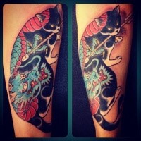 Colored nice painted Manmon cat tattoo by horitomo