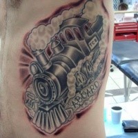 Colored old school style side tattoo of steam train with lettering