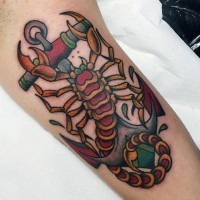 Colored old style scorpion on steel anchor tattoo