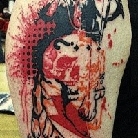 Colored photoshop style shoulder tattoo of various pictures