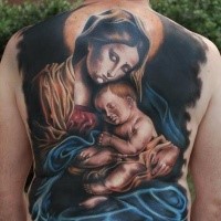 Colored religious style whole back tattoo of beautiful picture