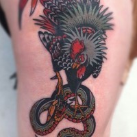 Colored rooster and snake tattoo