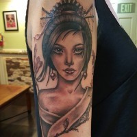 Colored shoulder tattoo of beautiful Asian woman with blooming tree