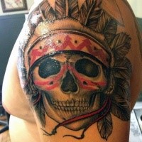 Colored shoulder tattoo of Indian skull with feather