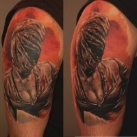 Colored shoulder tattoo of Silent Hill nurse monster