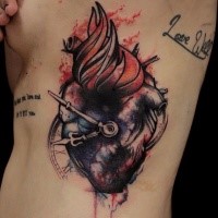 Colored side tattoo of human heart and clock