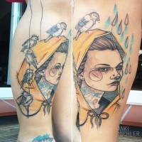 Colored sketch style colored leg tattoo of woman with birds