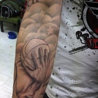 Colored sleeve tattoo of basketball hand with stars