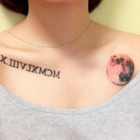 Colored small size full Moon planet and dark black Roman numbers collarbone tattoo