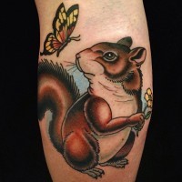 Colored squirrel with butterfly tattoo