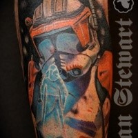 Colored Star Wars themed colored arm tattoo of trooper
