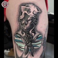 Colored surrealism style colored sailor man silhouette tattoo on leg stylized with creepy woman