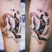 Colored surrealism style forearm tattoo of cat stylized with geometrical figures