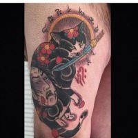 Colored thigh tattoo by horitomo of Manmon cat with lettering