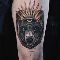 Colored thigh tattoo of fantasy bear with incredible eye