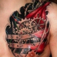 Colored very detailed chest tattoo of biomechanical heart