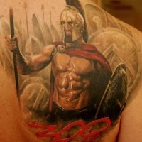 Colorful 300 spartans tattoo on chest by Dmitriy Samohin