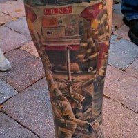 Colorful FDNY memorial tattoo on leg