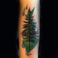 Colorful abstract style forearm tattoo of tree with various geometrical figures