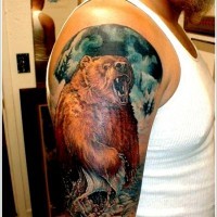 Colorful bear in water tattoo on half sleeve