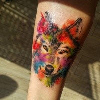 Colorful beautiful looking tattoo of cute wolf portrait