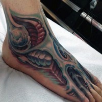 colorato gamba biomeccanica tatuaggio su piede