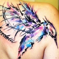 Colorful bird tattoo on his shoulder