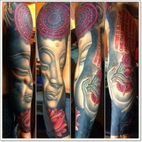 colorato buddhista con fiore loto manicotto tatuaggio
