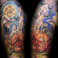 Colorful cartoon like shoulder tattoo of Halloween night tattoo with various monsters