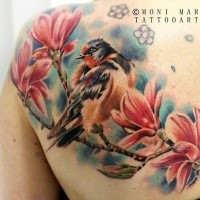 Colorful cartoon style scapular tattoo of bird with blooming tree branch