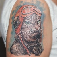 Colorful cat pilot tattoo on shoulder