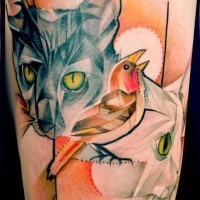 Colorful cats and bird tattoo by Marie Kraus