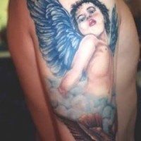 Colorful cherub tattoo on half sleeve
