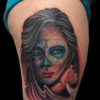 Colorful dark day of the dead girl tattoo on thigh