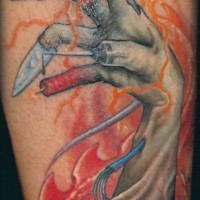 Colorful forearm tattoo of creepy biomechanical arm hand tattoo
