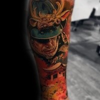 Colorful forearm tattoo of medieval samurai warrior