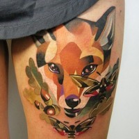 Colorful fox head and butterflies tattoo