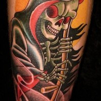 Colorful grim reaper tattoo on leg