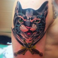 Colorful grinning cat tattoo on half sleeve