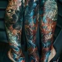 Colorful illustrative style leg tattoo of sunken statue with octopus and jellyfish