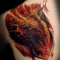 Colorful illustrative style scapular tattoo of fantasy dragon