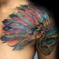 Colorful illustrative style shoulder tattoo skull with helmet made from feather