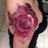 Colorful illustrative style shoulder tattoo of big rose