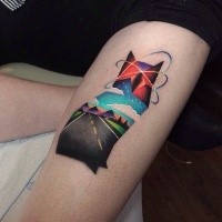 Colorful interesting looking cat shaped tattoo stylized with road