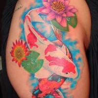 Colorful koi fish swim in pond tattoo