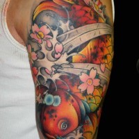 Colorful koi fish tattoo on half sleeve