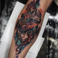 Colorful leg tattoo of roped anchor
