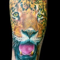 Colorful leopard tattoo on leg