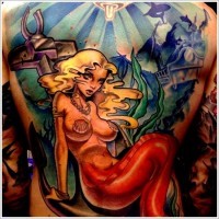 Colorful mermaid pin up girl tattoo on whole back