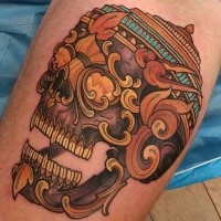 Colorful neo japanese style colored tattoo of demonic skull